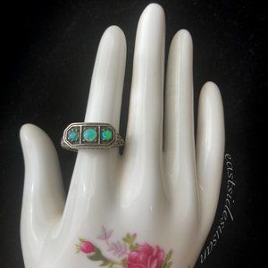 Stunning VINTAGE 925 Silver + Opals Filigree Ring Sz 8 1930s